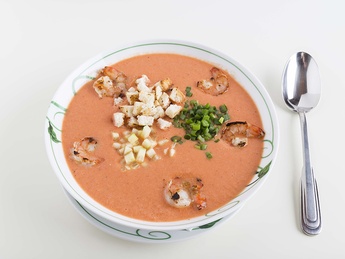 Cold soup Gazpacho with tiger shrimps